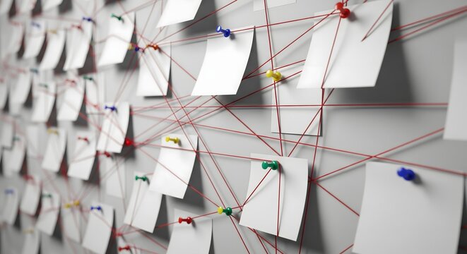 Investigation Evidence Board with Notes and Red String Connections, Detective Research Analysis Concept, Crime Mystery Case Planning Background