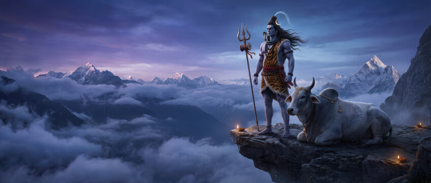 Lord Shiva and Nandi Bull on Mountain Cliff Overlooking Clouds image photo