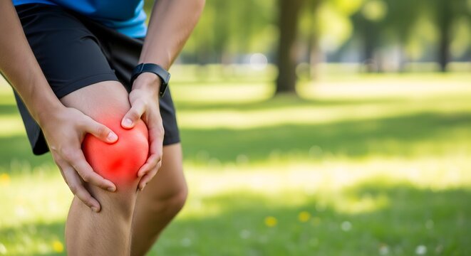Runner Holding Painful Knee with Red Highlight, Sports Injury and Joint Pain Concept, Outdoor Fitness Training Accident and Recovery Background