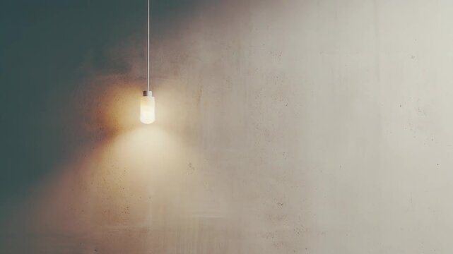 Minimalist concrete wall textured background featuring a single modern hanging pendant lightbulb casting a warm glow, providing versatile copy space for design and decorative concepts
