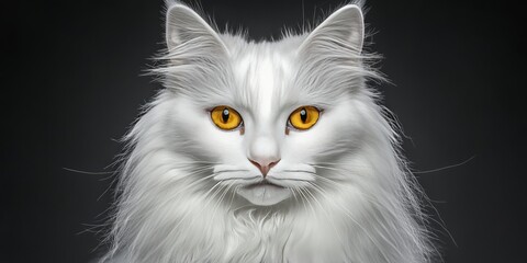 Fototapeta premium Elegant Long-Haired White Cat with Golden Eyes, Posing Gracefully Against Soft Gray Background