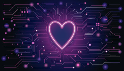 Futuristic  heart microchip with glowing circuits perfect for valentine's day