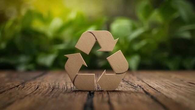 Recycled cardboard symbol wooden table with eco sustainability vibe and rustic green bokeh