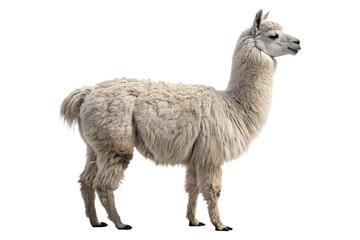 Obraz premium Realistic alpaca standing full body, fluffy farm animal, detailed fur texture, calm pose, isolated on transparent background, PNG, studio lighting, ultra realistic 