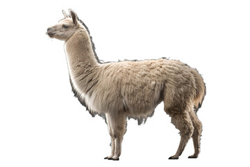 Obraz premium Realistic alpaca standing full body, fluffy farm animal, detailed fur texture, calm pose, isolated on transparent background, PNG, studio lighting, ultra realistic 