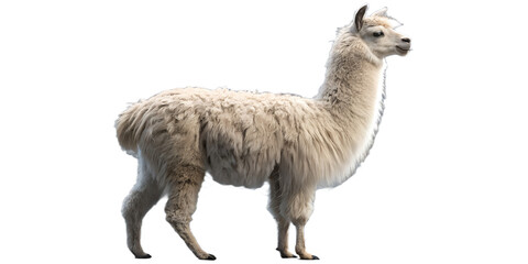 Obraz premium Realistic alpaca standing full body, fluffy farm animal, detailed fur texture, calm pose, isolated on transparent background, PNG, studio lighting, ultra realistic 