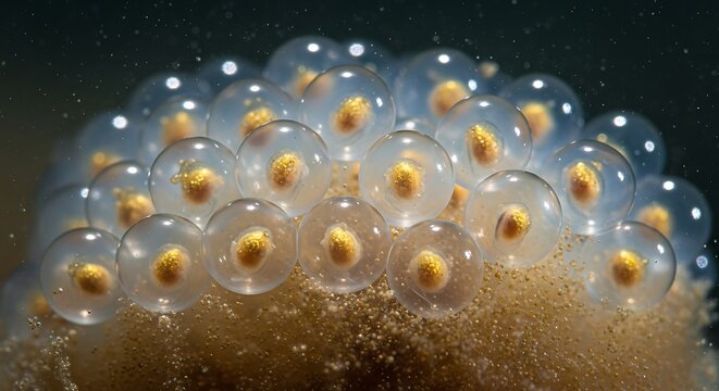 Close-up of Frog Eggs in Water with Golden Embryos amphibian spawn