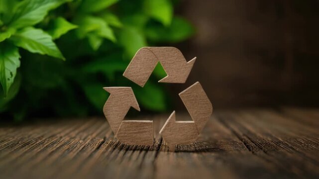 Recycled cardboard recycle symbol on wooden table with green leaf background eco friendly concept