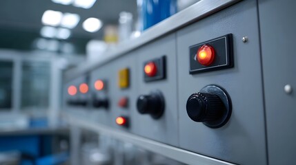 Close up of a laboratory control panel with illuminated red indicator lights and ope nal knobs