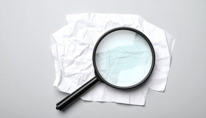 Magnifying glass on crumpled paper over light gray surface, symbolizing scrutiny and close...
