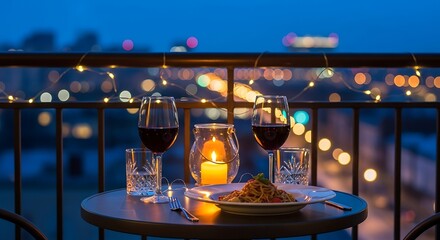 Naklejka premium Romantic Balcony Dinner Setting at Dusk with Wine and Pasta romantic dinner city lights
