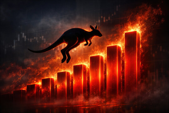 Silhouette kangaroo jumping over glowing red-hot rising bar graph symbolizing Australian inflation surge and economic growth warning in Pacific markets