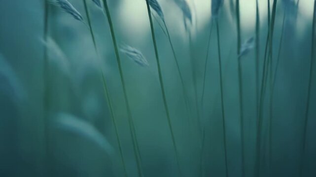 Wild grass plumes are gently swaying in a tranquil outdoor scene, creating a peaceful and natural atmosphere with soft green and blue tones and blurred background