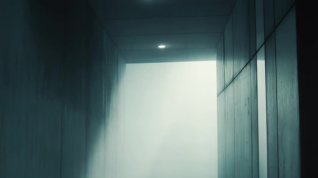 Minimalist architecture creating a mysterious atmosphere with a long, dark corridor fading into a bright, foggy light, suggesting uncertainty and an unknown path forward