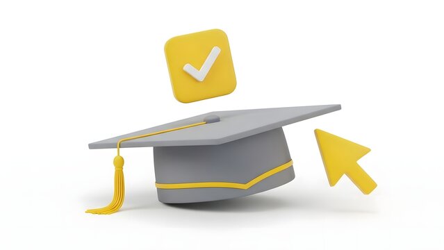 a gray graduation cap is displayed with a yellow check mark and cursor symbolizing successful online learning and academic achievement