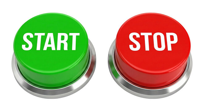Vibrant Green START and Red STOP round push buttons, 3D rendered glossy icons representing decision, action, and control choices, isolated on transparent background.