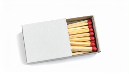 Open matchbox with neatly arranged wooden matches featuring red tips on a neutral surface.