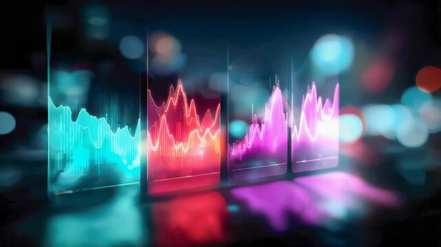 Abstract digital data panels with colorful glowing graphs, futuristic business analytics visualization on dark background