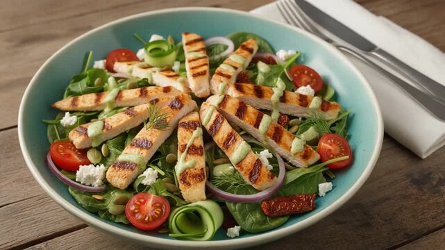 Fresh grilled chicken salad with lettuce, cucumber, cherry tomatoes, and herbs, presented in a bowl, representing healthy eating, balanced diet, and clean cuisine.