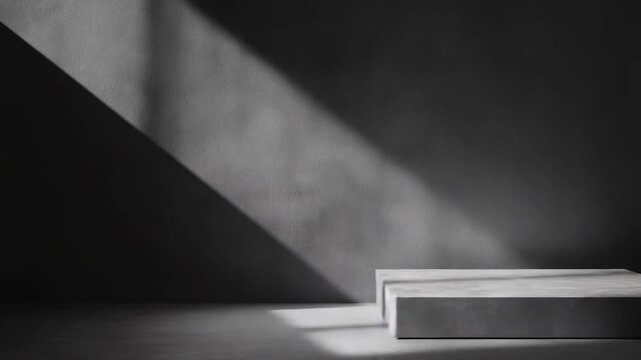 Concrete display platform standing in an empty industrial room, bathed in natural light rays casting stark shadows across the textured wall and floor surface