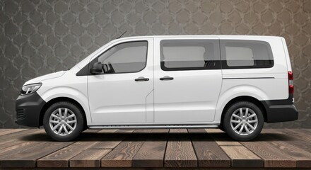 White van parked on wooden platform against gray wall background