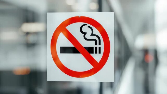 No smoking prohibition sign glass door informing visitors of indoor smoking ban with red circle