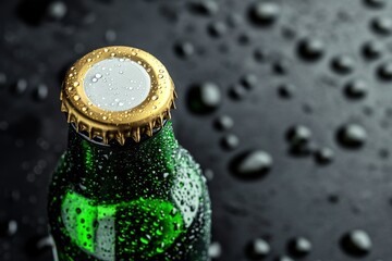 Close-up of a Cold Green Beer Bottle with Golden Cap and Water Condensation on a Dark Background