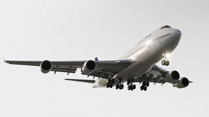 Obraz premium Jumbo jet aircraft with landing gear extended flies low against a bright, washed-out sky background.