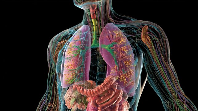 A detailed 3D illustration of the human body's internal organs and systems on a black background