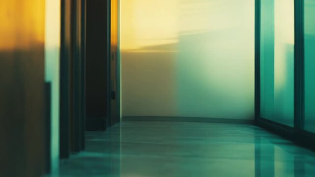 Modern hallway presenting a clean architectural design with smooth walls and a reflective floor, emphasizing abstract light and shadow patterns in a vibrant dual tone color scheme