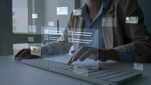 Concept of workforce approval, job completion, recruitment compliance, acceptance work process. Checkmark online form workers and employees confirming tasks, agreements and responsibilities.