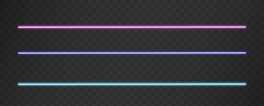 Three straight neon glowing lines in purple, blue, and turquoise colors on a dark background. Futuristic laser beam light effect with a clean techno style.