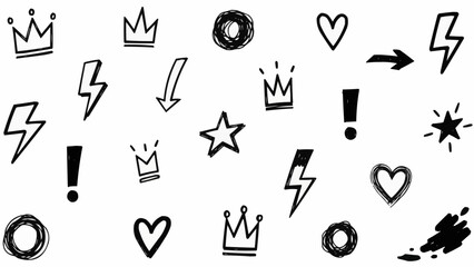 Fototapeta premium Collection of hand drawn crown heart and exclamation icons in black