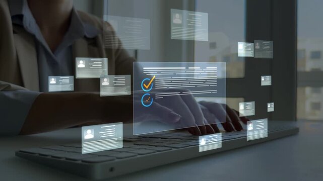 Employees must complete online survey form with answer test questions. Human resources and management employment.Digital questionnaire and business communication concept.