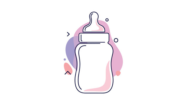 Baby feeding bottle illustration with a pink tint on a soft abstract background with colorful fluid shapes and artistic dots.
