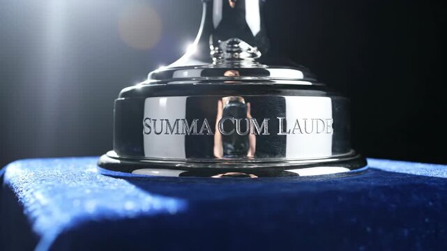A gleaming silver trophy engraved with Summa Cum Laude. Close-up of an academic award for graduation excellence. Success and achievement concept