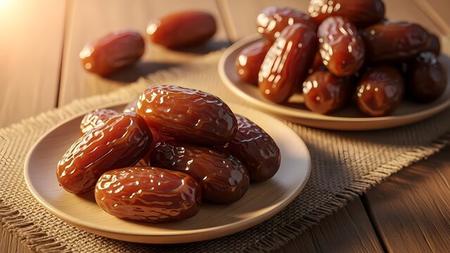 a still life composition featuring glossy dark red jujubes attractively arranged on small beige ceramic plates atop a textured wooden surface