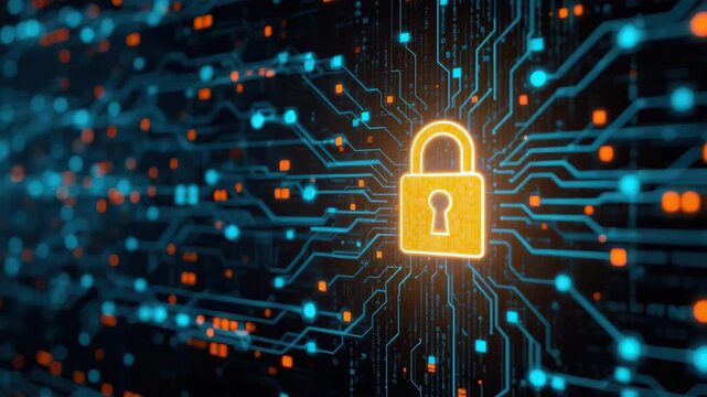 Secure digital lock circuit security cybersecurity data network protection glowing padlock