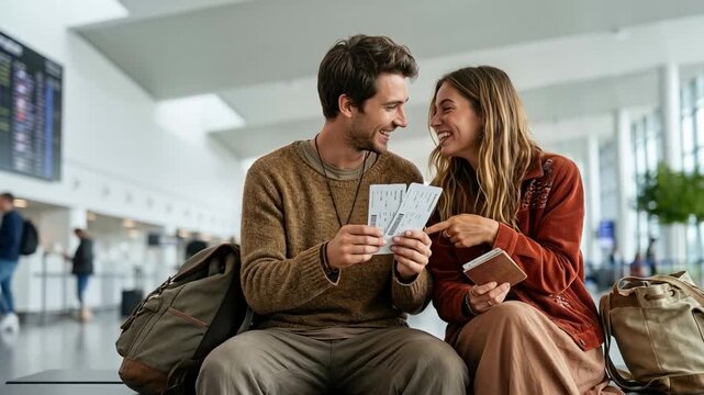 Happy couple sitting at an airport with passports and boarding passes, smiling together as they begin a vacation journey filled with travel excitement and anticipation.