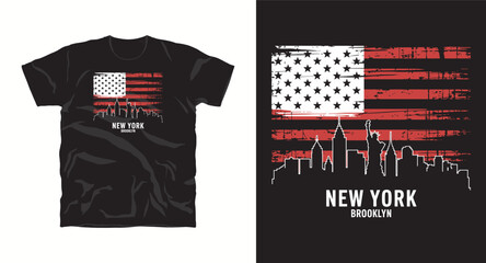 Fototapeta premium New York brooklyn cityscape t-shirt design with distressed american flag and landmark silhouettes