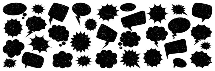 Grunge comic speech bubbles with brush strokes, ink smudges, acrylic stains or charcoal streaks. Hand drawn retro cartoon stickers. Chatting, message box. Vector illustration