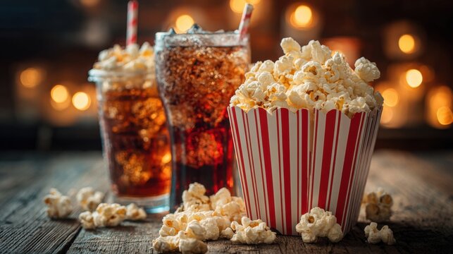 Friends gather for a movie night savoring fresh popcorn and fizzy drinks. The warm glow of lights enhances the cozy atmosphere creating a perfect setting for relaxation.