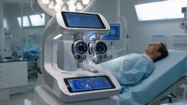 Advanced ophthalmology machine inside surgical clinic with patient in background