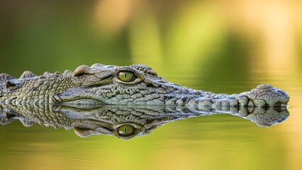 Fototapeta premium a captivating close up showcases a crocodile s head partially submerged in calm water its reflection creating a symmetrical and striking visual composition