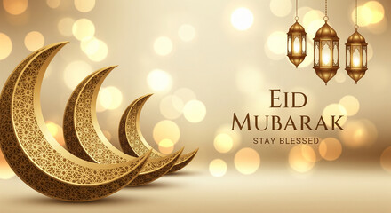 Eid Mubarak Greeting with Golden Crescent Moon and Hanging Lanterns