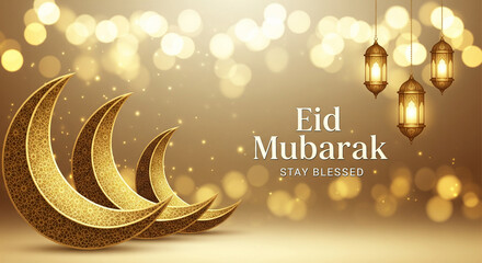 Eid Mubarak Greeting with Golden Crescent Moon and Hanging Lanterns