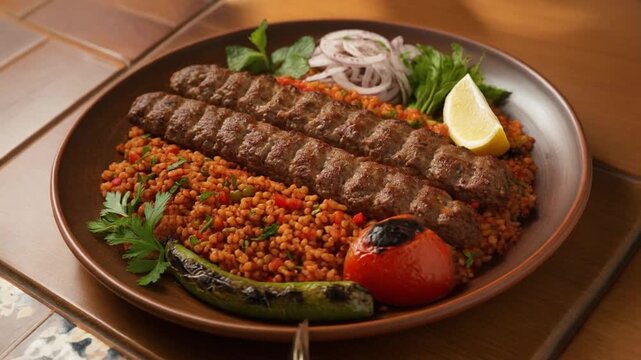 Traditional Adana kebab served with bulgur pilaf, grilled vegetables, and fresh herbs on a rustic plate, showcasing authentic Turkish cuisine and rich spicy flavors.