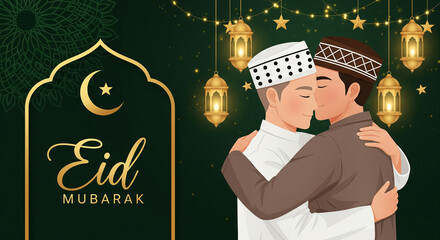 Eid Mubarak Illustration of Muslim Father and Son with Lanterns and Crescent Moon