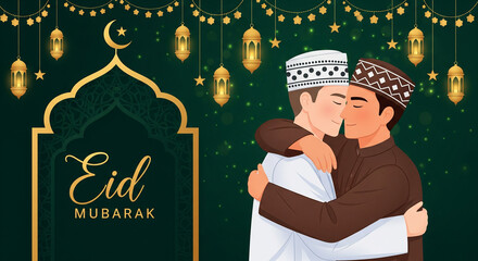 Eid Mubarak Illustration of Muslim Father and Son with Lanterns and Crescent Moon