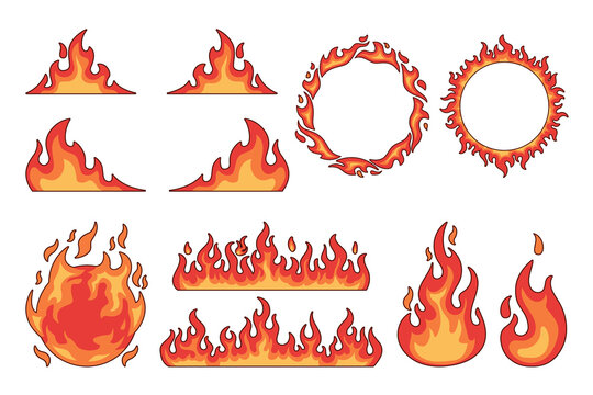 Cartoon burning flames, fire flame vector set, fire ring and blaze elements on white background